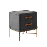 Albi Side Table upholstered in premium matte navy leather with brown leather drawer handles, supported by a sturdy wrought iron frame, combining mid-century modern style, luxury design, and functional storage for living rooms or bedrooms.